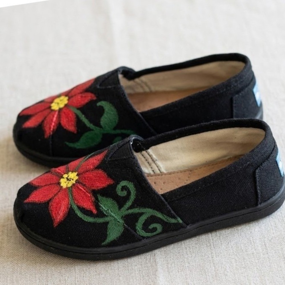 Toms Kids Black Slip On Shoes Holiday Poinsettia DIY Floral Toddler Christmas